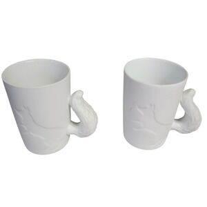 Set of 2 KINTO Mugtail White Ceramic Fox Mugs Handle 3D Embossed Woodland Animal